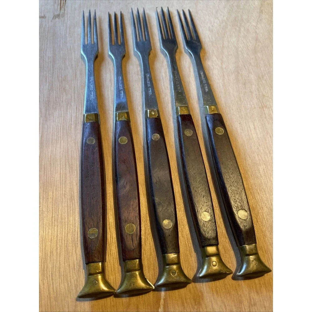 Mid Century Fondue Forks Teak Stainless Steel 3 Prong Brass Accent 5 pcs Japan